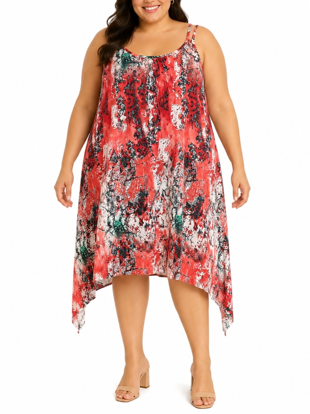 Plus size orange green abstract print spaghetti strap handkerchief hem dress 5XL